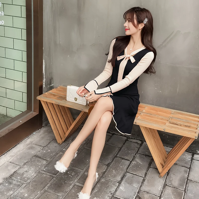 Новинка сезон осень-зима трикотажные платья с длинными рукавами в корейском