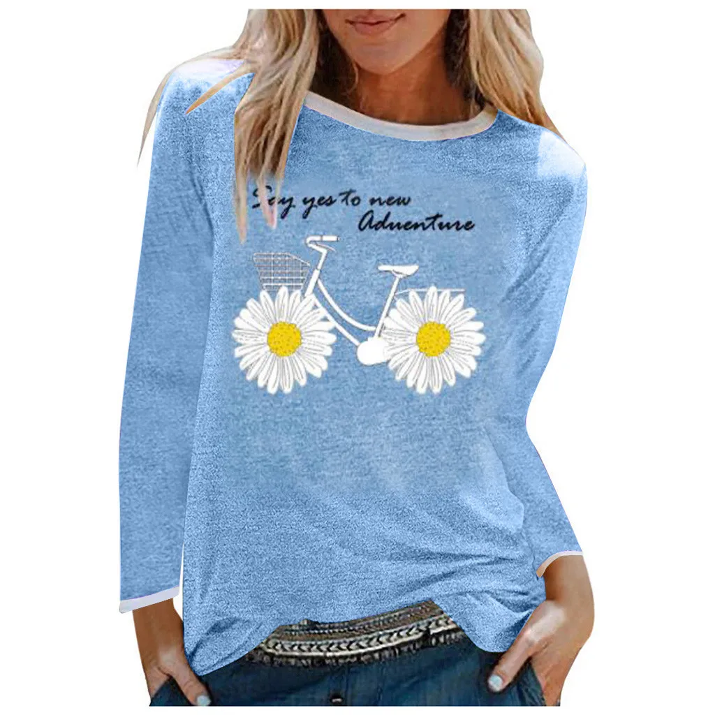 Feitong Women Summer Tshirt 2021 Daisy And Bike Printing Loose T Shirt Long Sleeve T-Shirt Casual Tunic Tops camiseta mujer New | Женская