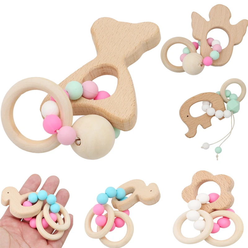 

Baby Nursing Bracelets Wooden Teether Crochet Chew Beads Teething Wood Cartoon Animal Rattles Toys Teether Montessori Bracelets