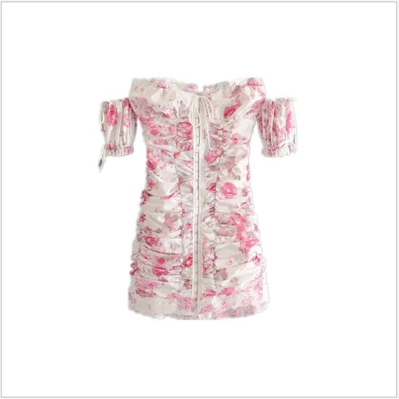 

Sexy Off Shoulder Draped Bodycon Mini Dress Women Floral Print Strapless Romantic Party Dresses Short Sleeve Summer Vestido G583
