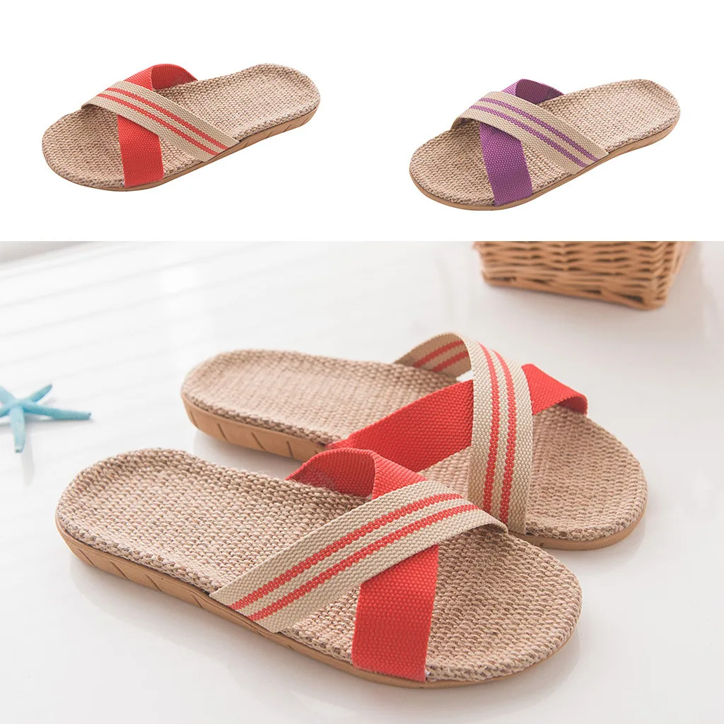 

Slippers Women Fashion Anti-slip Linen Home Indoor Open Toe Flat Beach Slippers chanclas mujer tongs femme pantoufle femme