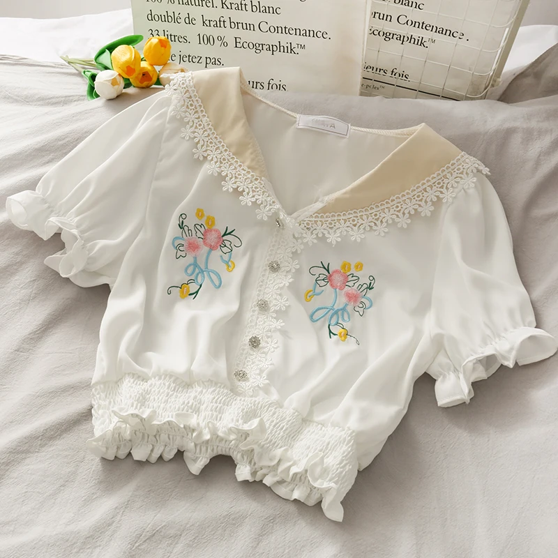 Женская шифоновая блузка с цветочной вышивкой V образным вырезом и отложным