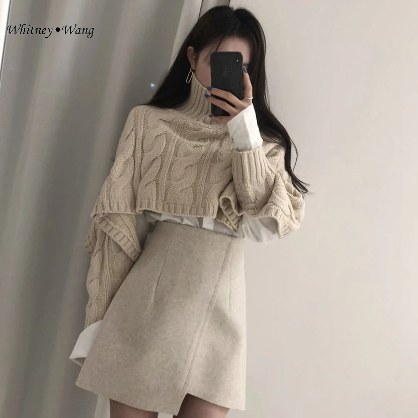 WHITNEY WANG 2019 Autumn Winter Fashion Streetwear Split Sleeve Turtleneck Short Sweater Women Jumper sueter mujer invierno | Женская
