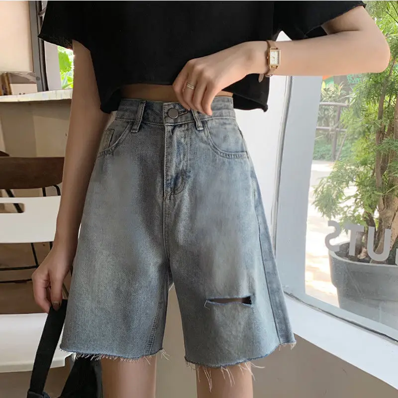 

Summer new Korean student high waist denim shorts show the trend of thin straight pants