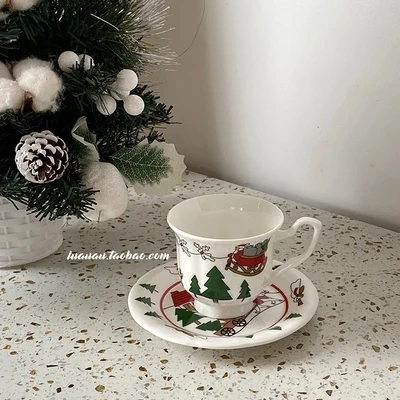 

Customized cute santa claus small house christmas series double-sided pattern ceramic coffee cup and saucer gift box