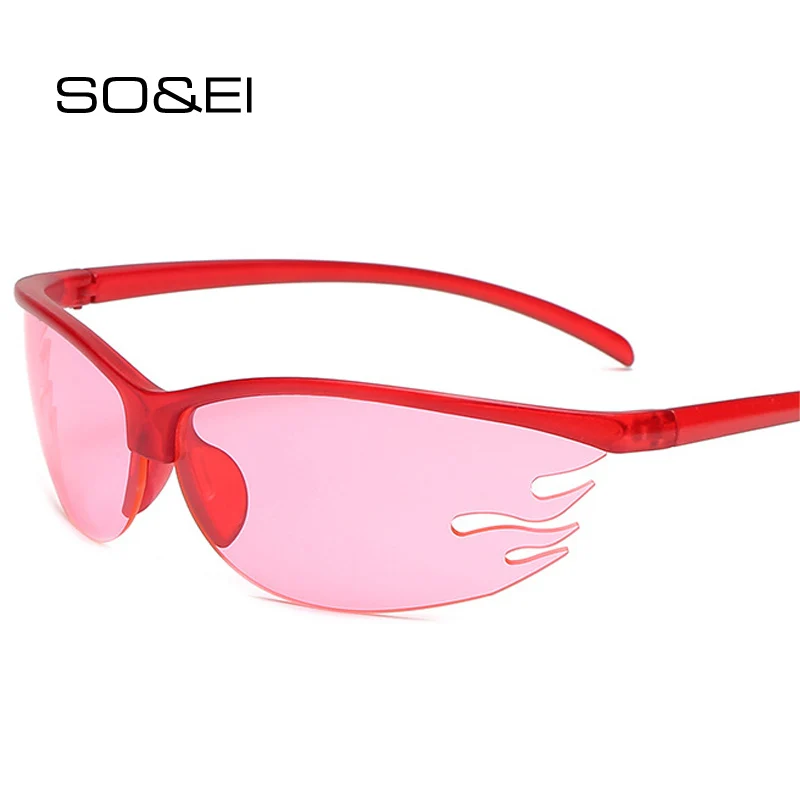 

SO&EI Fashion Semi-Rimless Flame Shape Sunglasses Women Retro Candy Color Eyewear Men Outdoor Sports Driving Goggle Shades UV400