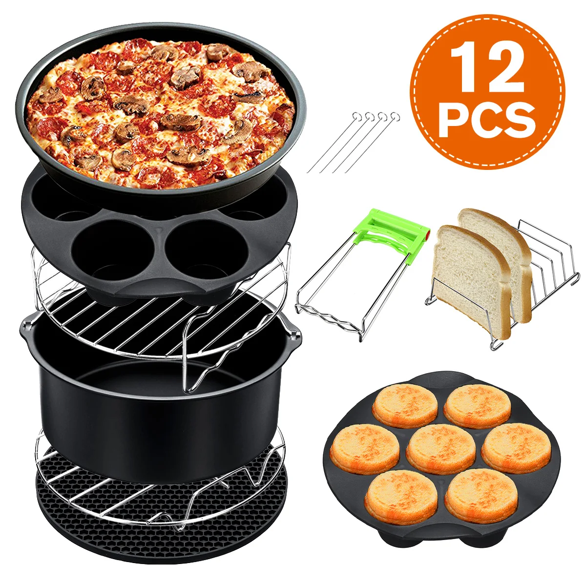 

12Pcs Air Fryer Accessories 8 Inch for Air fryer 5.2-5.8QT Baking Basket Pizza Plate Grill Pot Kitchen Cooking Tool for Party