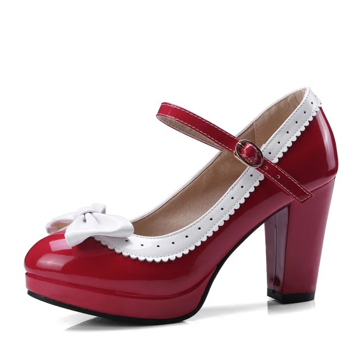 

Single shoe color matching lace bow one line buckle high heel shoes thick heel women's waterproof platform small size