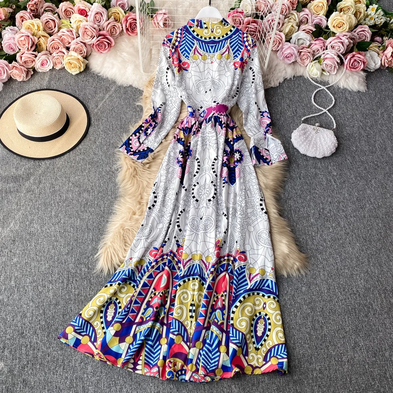 

Новинка осени, Элегантное однобортное Платье макси с бантом и длинными рукавами, с принтом в стиле Большого Дворца, Vestidos GX1103