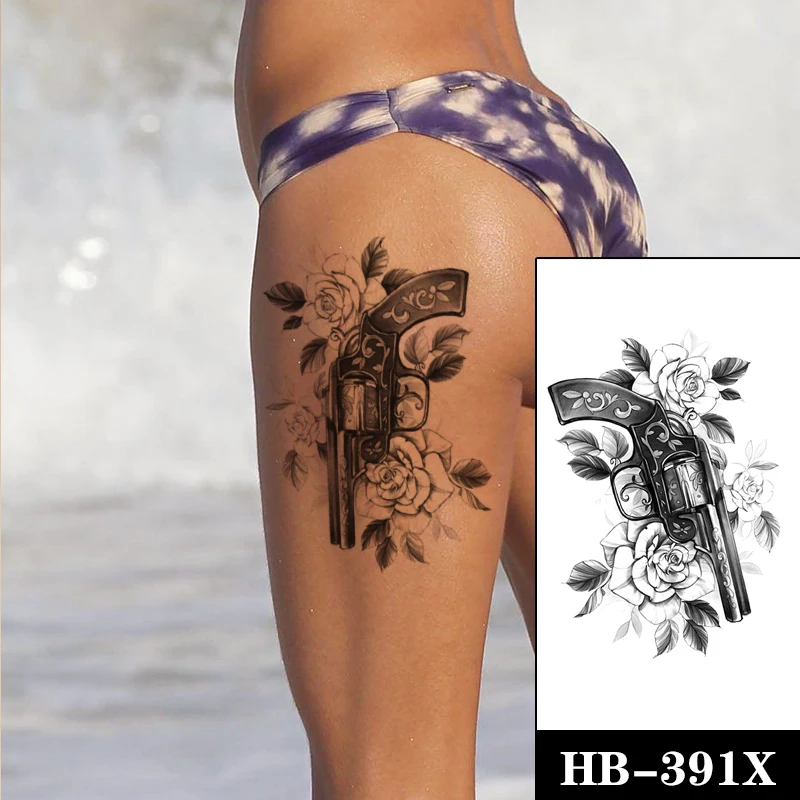 Black Gun Vine Pattern Tattoos Sticker for Men Women Arm Legs Art Waterproof Temporary Tattoos Fake Rose Flowers Leaves Tatoos