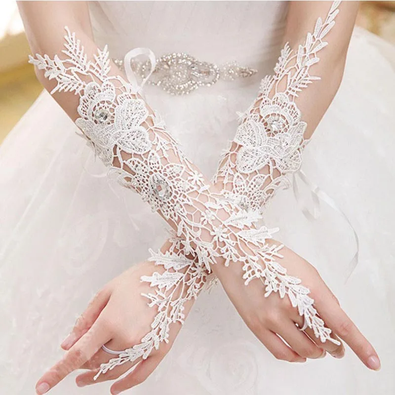 

Elegant White Lace Long Bridal Gloves Crystal Fingerless Elbow Wedding Gloves for Bride Women Wedding Accessories 2022