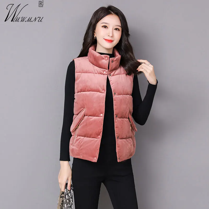 

2021Short Sleeveless Vest Women Autumn Winter velvet Warm Down Cotton Padded Jacket Veats Mandarin Collar Sleeveless Waistcoat