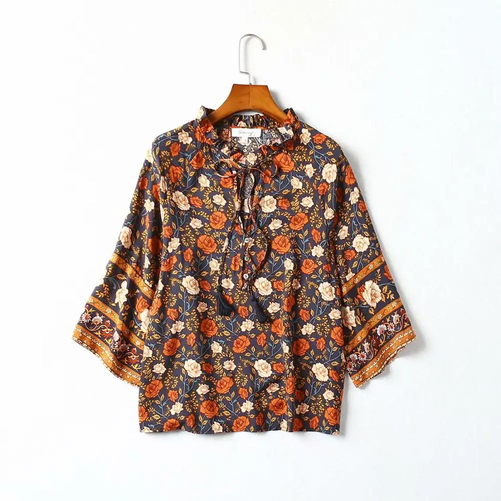 

Женская рубашка с цветочным принтом, с V-образным вырезом и бантом, осень 2019, для отдыха, рукав три четверти, S6290