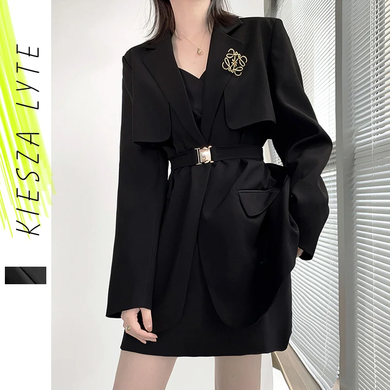 

Women Blazer Offical Lady Solid Black Autumn 2022 New Casual Female Suit Jackets With Belt
