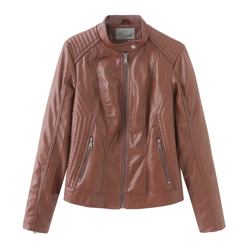 

Autumn Winter Short Leather Jackets And Coats Women Long Sleeve Zipper Stand-up Collar Slim Outwear Streetwear Female Outerwear
