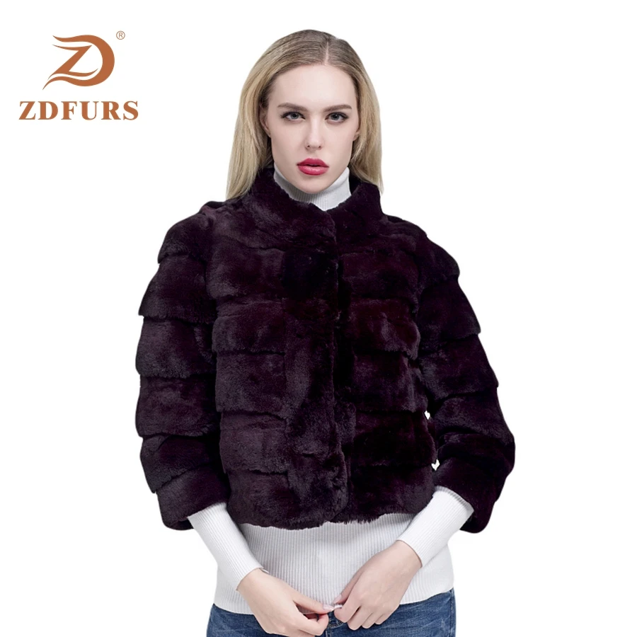 ZDFURS* 2019 New Mandarin Collar Short Jacket 100% Full Pelt Genuine Real Rex Rabbit Fur Coat Stripe Line Natural  waistcoat