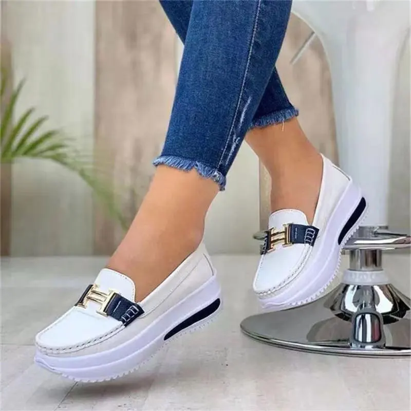 Comfortable Platform Loafers for Women Casual Flat PU Walking Shoes Vintage Style FK88