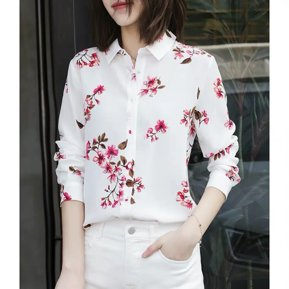 

Begonia Women Shirt Flower Silk Lapel Long Sleeve Print Shirt