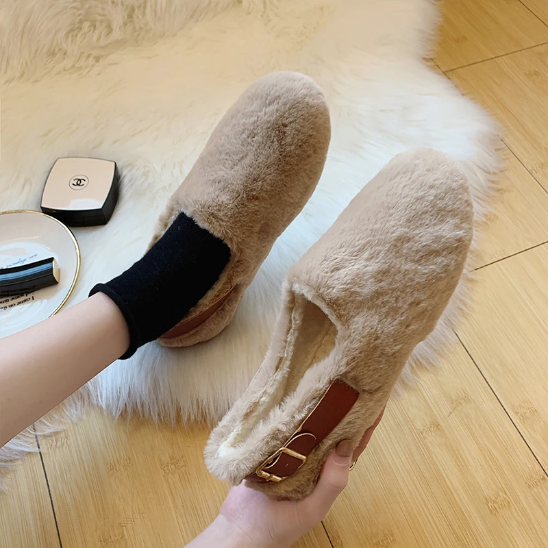 

Women Shoes Warm Flat Shoes 2020 New Comfortable Loafers Winter Fur Home Casual Female Shoes Designer Slip-on Khaki Woman Shoes