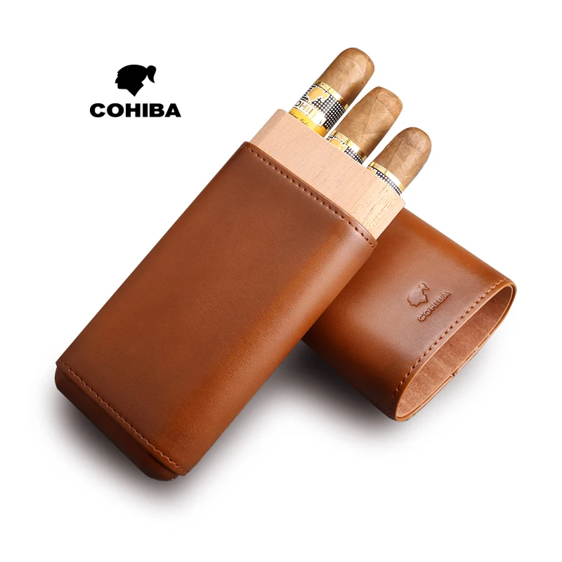 

NEW COHIBA Cow Leather Cedar Wood 3 Cigar Case Travel Moisturizing Set Portable Pipe Humidor Box Fit for COHIBA Cigars CE-014