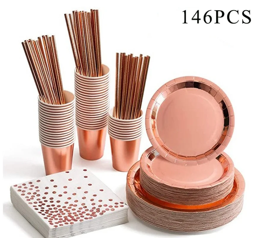 

146pcs Disposable Party Tableware Rose Gold Champagne Paper Cup Plate Straws Birthday Party Festive Decor Wedding Supplies