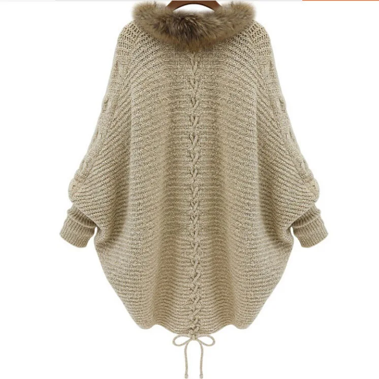 Bat sleeve large fur collar knit cardigan featuring sweater coat |