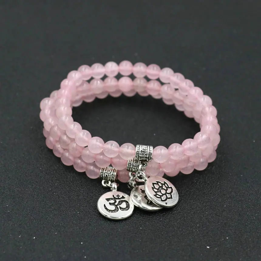 Женский браслет из натурального розового камня женский с имитацией лотоса чакры