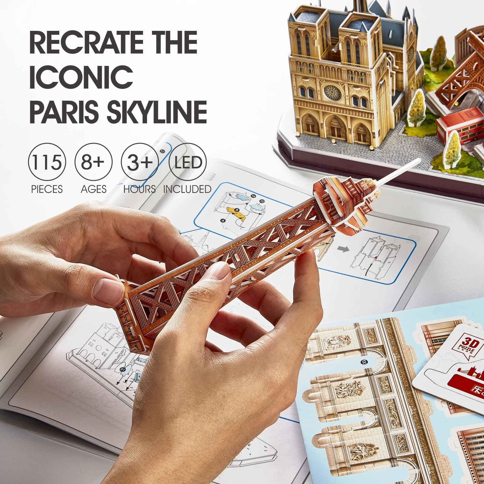 CubicFun 3D Puzzles LED France Paris Cityline Model Kits Eiffel Tower Notre Dame de The Louvre Building for Adults Kids |