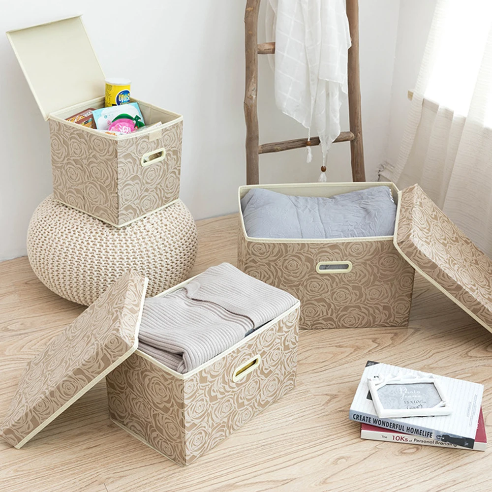 

Clothes Storage Basket Toy Organizer Containers With Lid Dust-Proof Storage Bag Folding Non-Woven Closet Clothes Quilt Storage