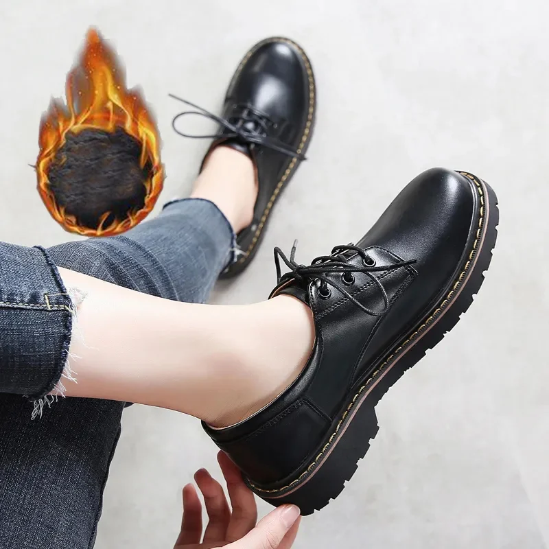 

Women Shoes 2021 New Arrival Genuine Leather Middle Heel SIngle Black Leather Shoes Leisure Wear Resitant 43 Big Size Shoes
