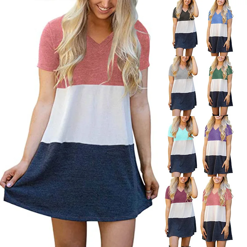 

2021 new fashion spring and summer hot style European and American women's color matching V-neck loose T-shirt dress women