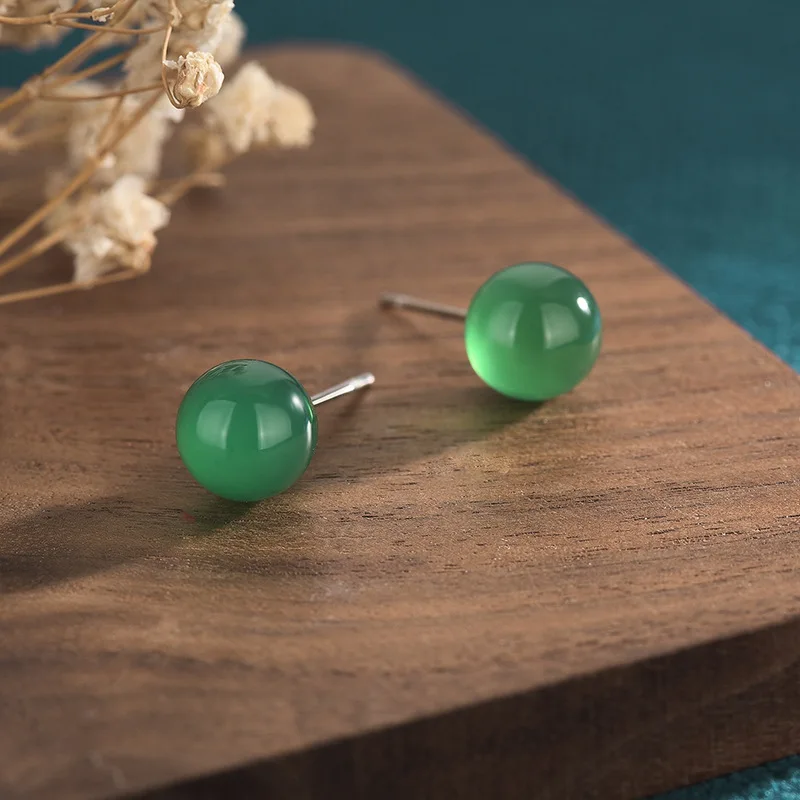 

Hot selling jade earrings retro rounded green chalcedony agate round earrings women