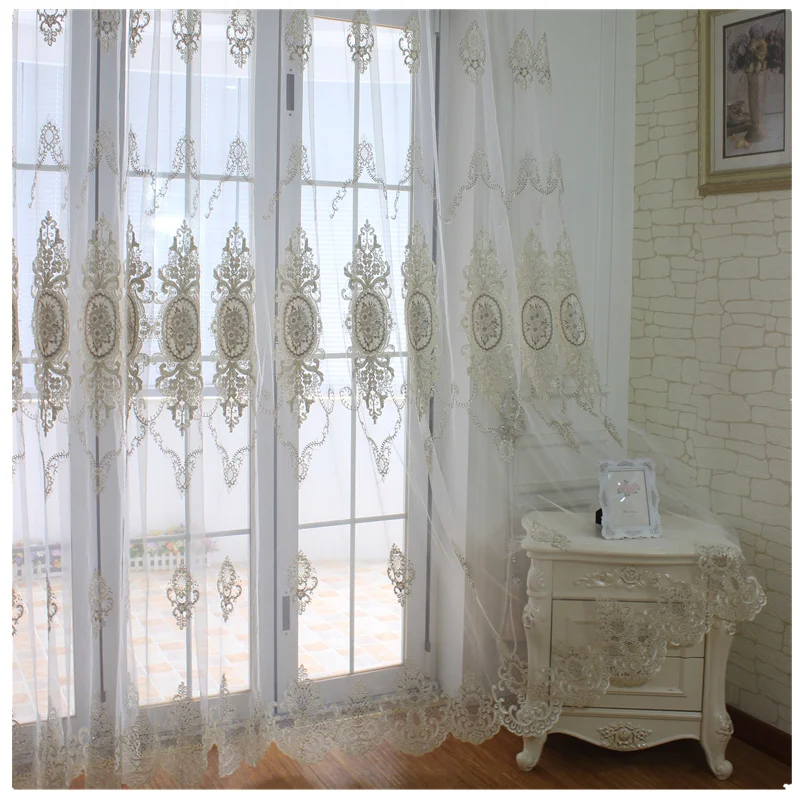

European Luxury Beige Coffee Embroidered Sheer Curtain High-end French Room Villa Living Room Bedroom Window Sheer Drapes Custom