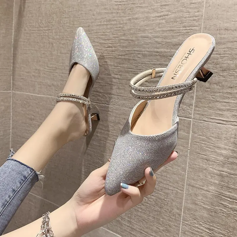 

Mules For Women 2021 Ladies' Slippers Med Shoes Thin Heels Loafers Pantofle Luxury Slides Cover Toe New Designer Pointed Rome PU
