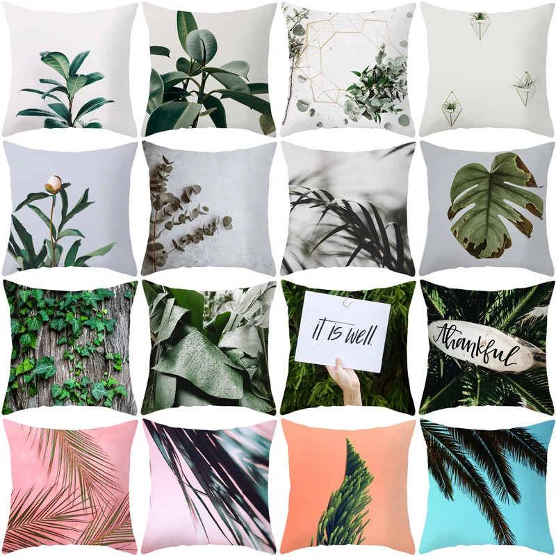 

2021 New Simple Green Light Color Tropical Plant Decoration Pillow Case for Office Sofa Car Farmhouse Home Decor Cushion Cover