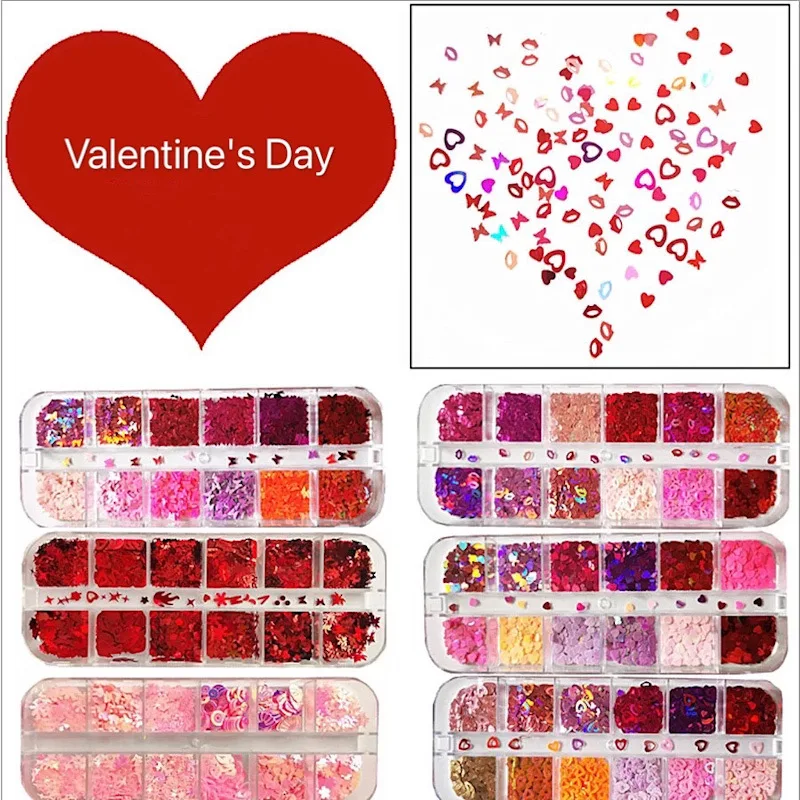 

12 Grids Heart Nail Glitter Flakes 3D Laser Sweet Love Cross Paillette Sequins Holo Design DIY Nail Art Decoration Manicure