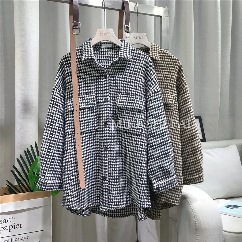Autumn New Korean Loose Houndstooth Belt Waist Shirt Women Lapel Long Sleeve Thicken Retro Blouse Students Cardigan Tops | Женская