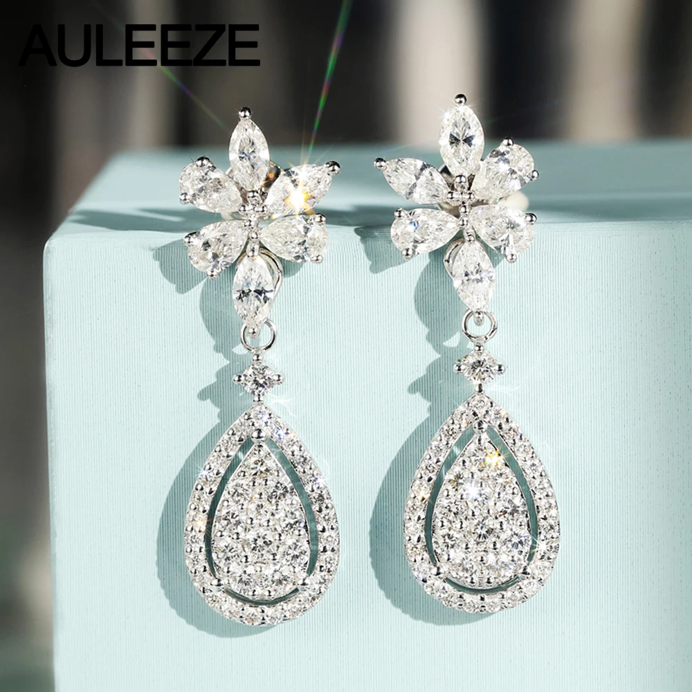 AULEEZE Роскошные 14 К белого золота Груша Cut DF цвет Moissanite цветок Форма висячие серьги с акцентами для женщин юбилейные подарки