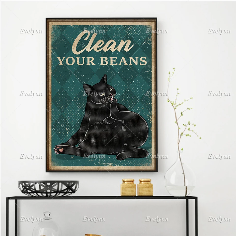 

Black Cat Poster Clean Your Beans Poster Bathroom Restroom Toilet Wall Art Prints Home Decor Canvas Floating Frame