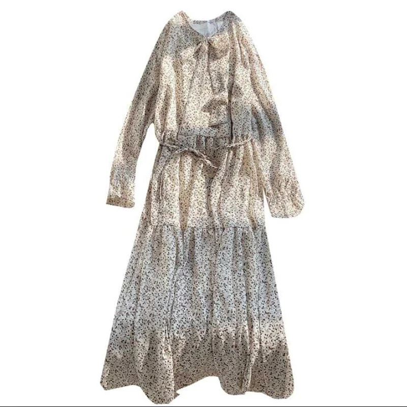 

Spring Sweet Bow Collar Floral Print Chiffon Dress Women Elegant A Line Midi Dress Korean Fashion Long Sleeve Dress Vestido