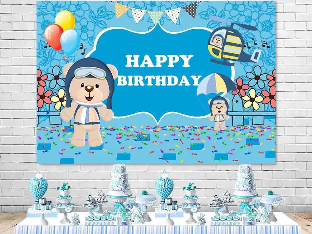 

Голубой Виниловый фон для фотосъемки детей с изображением медведя пилота на 1-й День рождения малыша душа воздушных шаров