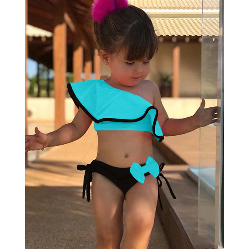 

2021 New Summer Baby Kids Girl Two Piece Swimsuit Child Swimwear Ruffles Bow Water Sports Bikini Shoulder Beach Bathing