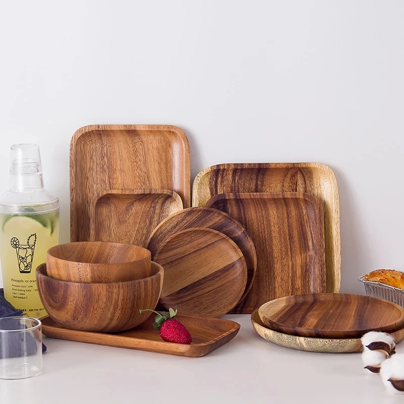 

Thicken Wooden Bowl Pan Plate Fruit Dishes Saucer Tea Tray Dessert Dinner Bread Wood Plates