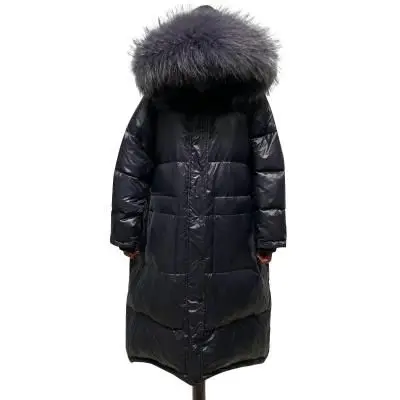 

Женский пуховик на утином пуху, зимнее пальто с большим воротником из натурального Лисьего меха, Женская куртка на утином пуху, теплое длинн...
