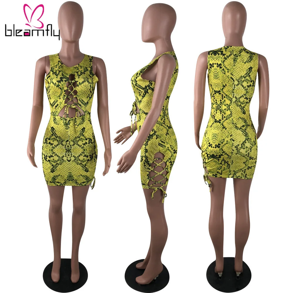 2019 женское летнее платье со шнуровкой с вырезами сексуальное без рукавов бодикон