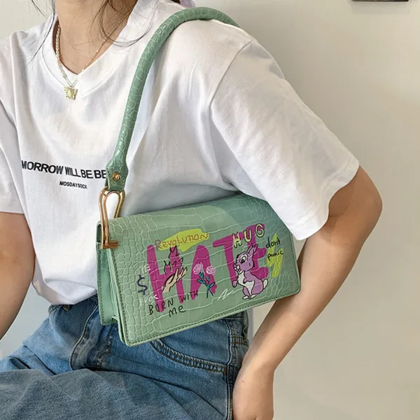 

2021 Fashion Simply PU Leather Crossbody Bag For Women Spring Cartoon Print Shoulder Messenger Bag Lady Travel Small Handbag