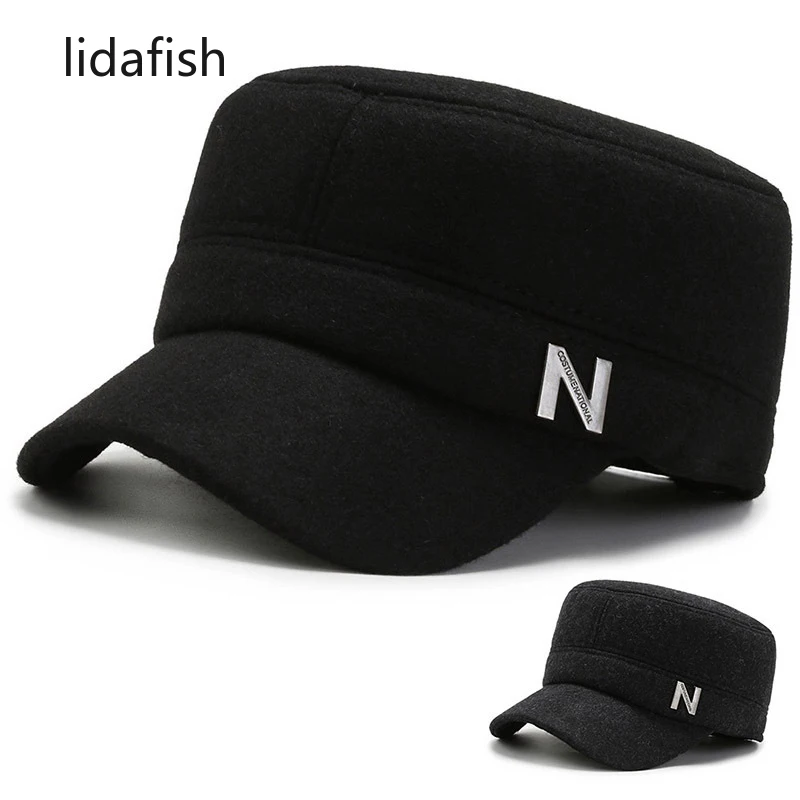 

lidafish Winter Men's Thicken Plus Velvet Thermal Military Hats Black Ear Protection Adjustable Flat Cap Leisure Sports Cap