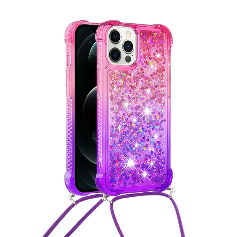 

Quicksand Gradients Flash Powder Phone Cases For Iphone 11 12 Mini Pro X XR XS Max 6 7 8 Plus SE 2020 With Hanging Long Rope