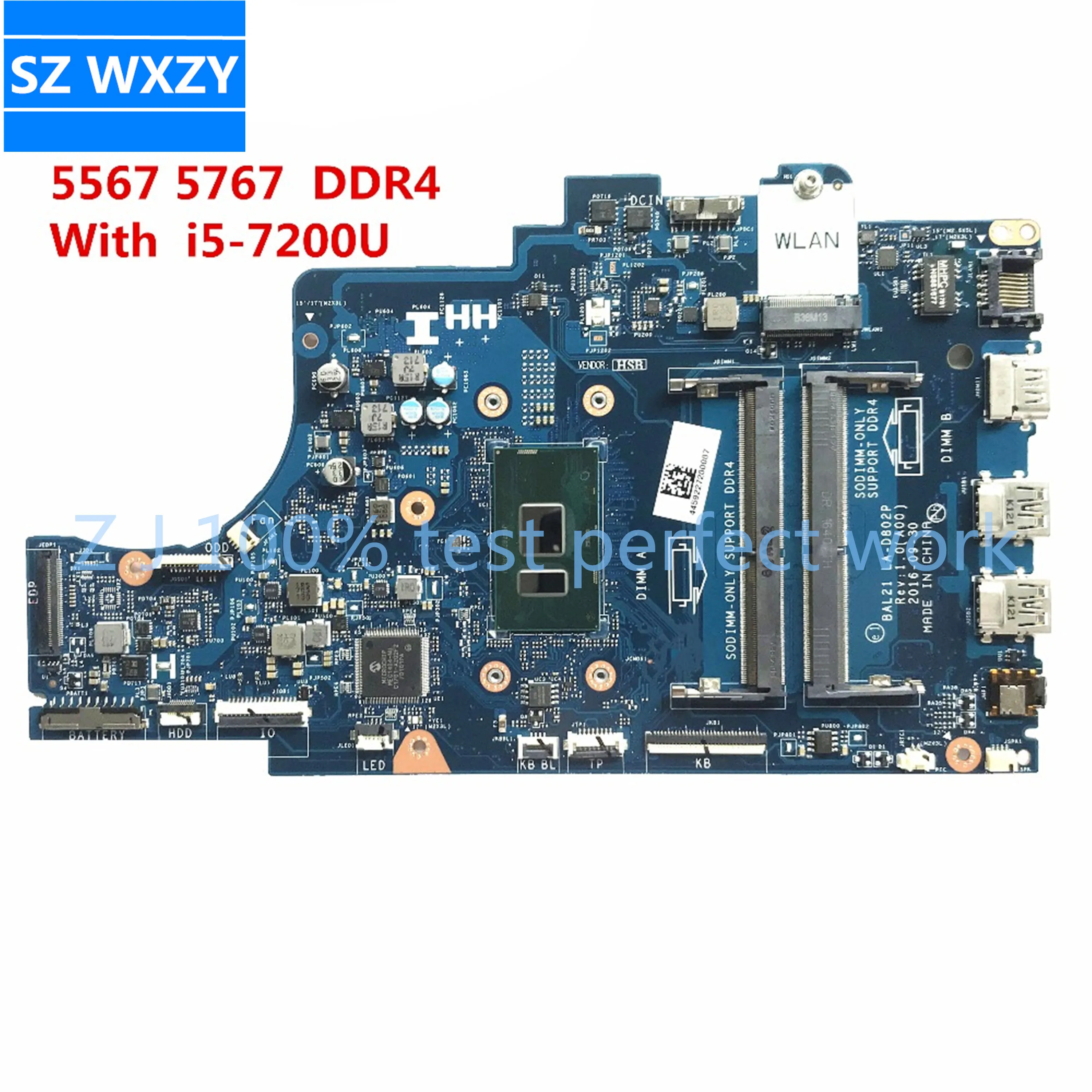Материнская плата для ноутбука DELL Inspiron 15 5567 5767 DG5G3 0DG5G3 с SR2ZU i5 7200U BAL20 LA D802P DDR4 MB 100%