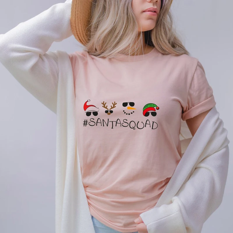 

Santa Squad Christmas Party Women T Shirts Cotton Short Sleeve Outfits Streetwear Peach Colors Womens Clothing Santa Claus Tees